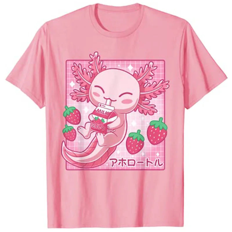 Pink t-shirt with a cartoon axolotl design and strawberries on a white background
