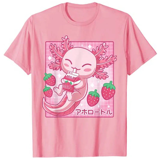 Pink t-shirt with a cartoon axolotl design and strawberries on a white background