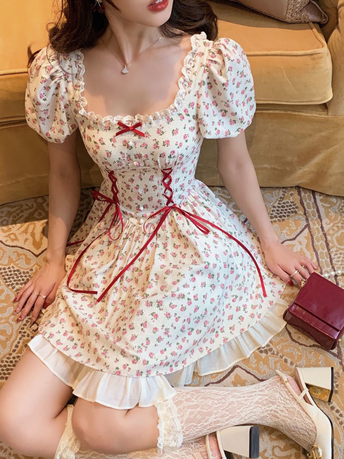 Kawaii Rose Print Lace Dress
