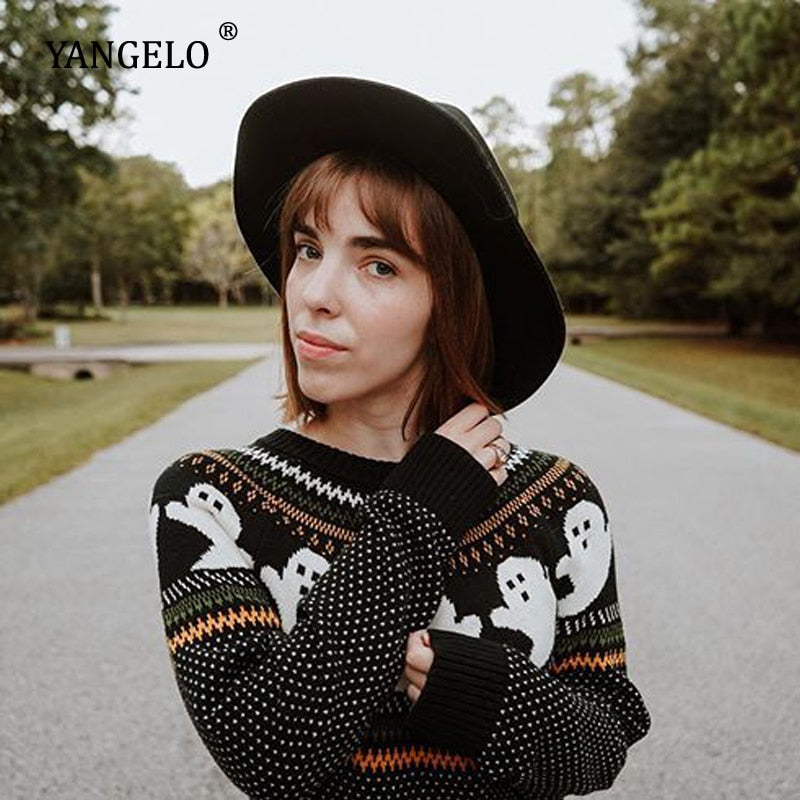 Kawaii Ghost Pattern Knit Sweater in Black