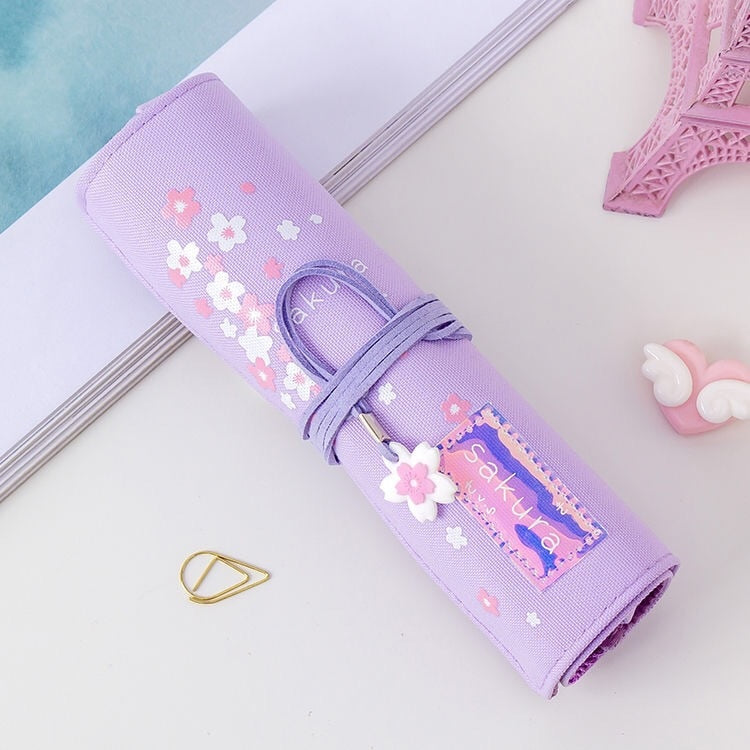 Kawaii Purple Sakura Roll Up Pencil Bag