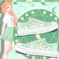 Illustration of a girl wearing green sneakers with moon and star design on a green background.