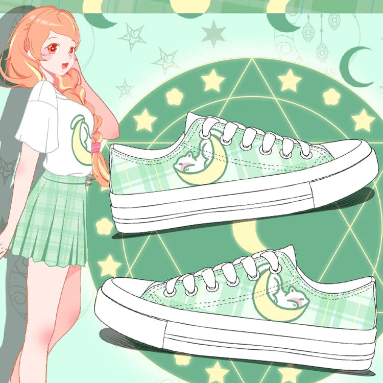 Illustration of a girl wearing green sneakers with moon and star design on a green background.