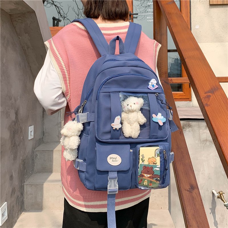 MOdel Wearing Kawaii Blue Bear Plush Backpack