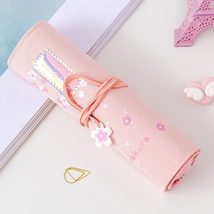 Kawaii Peach Sakura Roll Up Pencil Bag