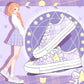 Illustration of a girl with orange hair and purple background featuring  plaid sneakers adorned  with Kawaii  star and kitty pattern.