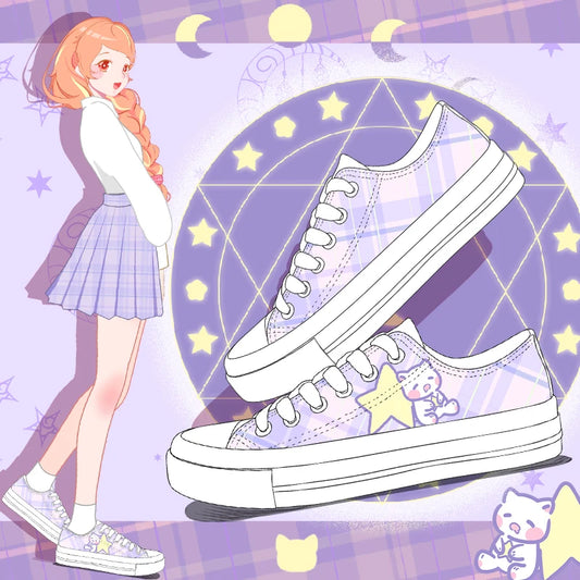 Illustration of a girl with orange hair and purple background featuring  plaid sneakers adorned  with Kawaii  star and kitty pattern.