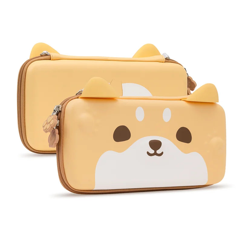 Yellow Nintendo Switch case with a dog face design on a white background