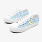White kawaii sneakers with blue and yellow design on a white background