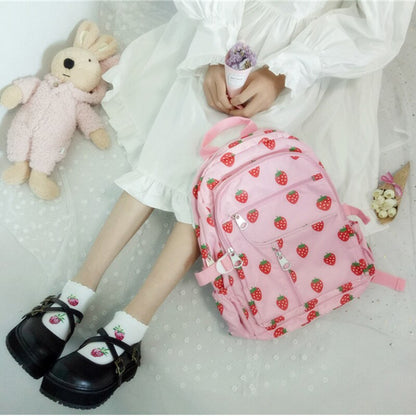 Model With Kawaii Harajuku Strawberry Canvas Backpack