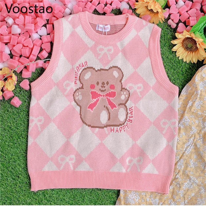 Pink Argyle Teddy Bear Sweater Vest
