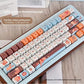 Keyboard keycaps with cute red panda designs in a box on a wooden surface.