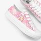 White sneakers with pink plaid pattern and kawaii cat character on a white background