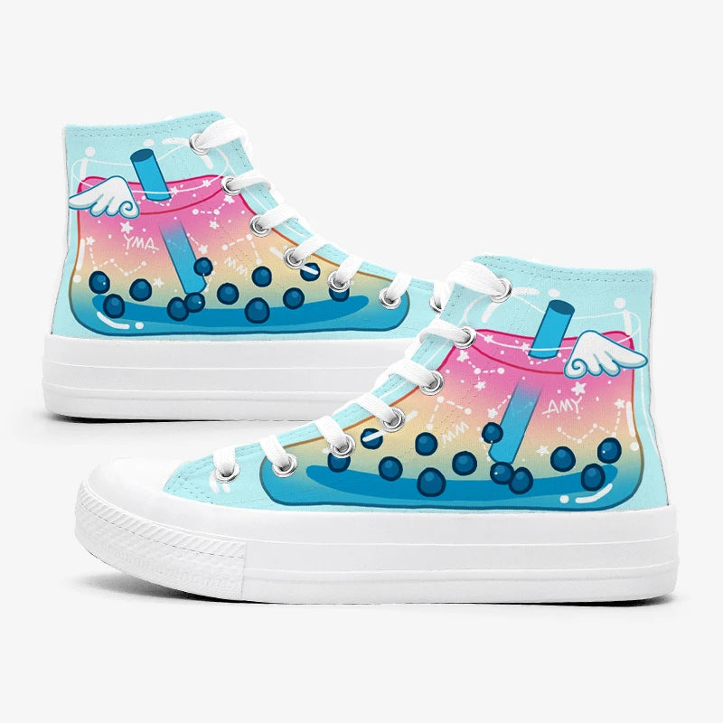 A pair of high-top canvas sneakers featuring a colorful bubble tea graphic on the side panels, with white laces and white rubber soles, set against a light gray background.