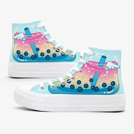 A pair of high-top canvas sneakers featuring a colorful bubble tea graphic on the side panels, with white laces and white rubber soles, set against a light gray background.