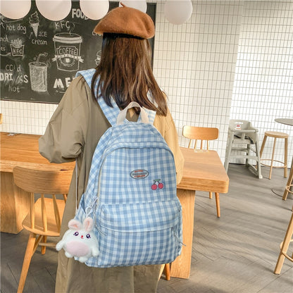 Kawaii Blue Cherry Plaid Backpack