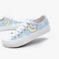 Pair of blue checkered sneakers with a kawaii design on a white background