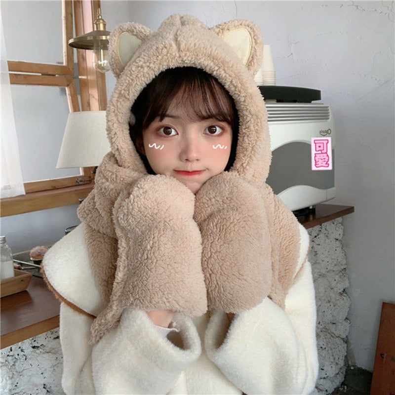 Kawaii Plush Cat Hooded Scarf