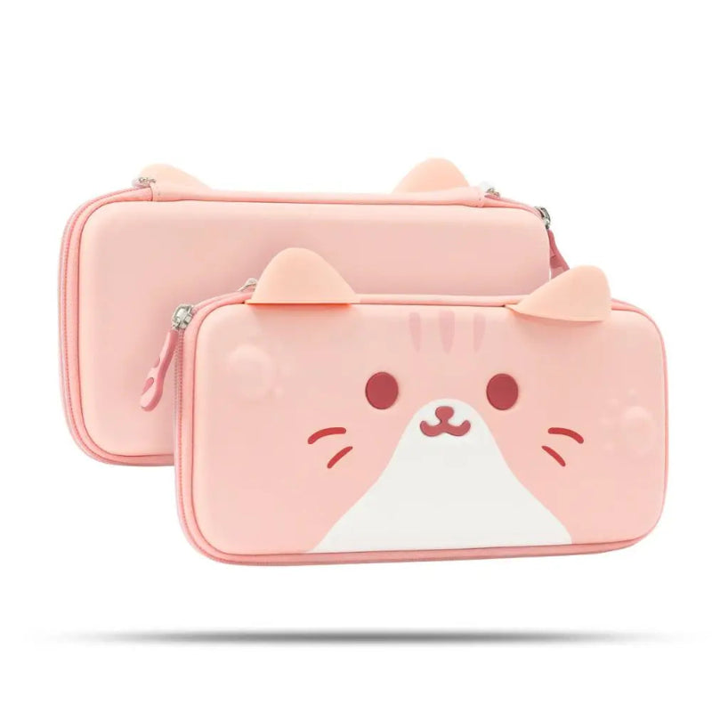 Pink pouch with cat ears and face design on a white background