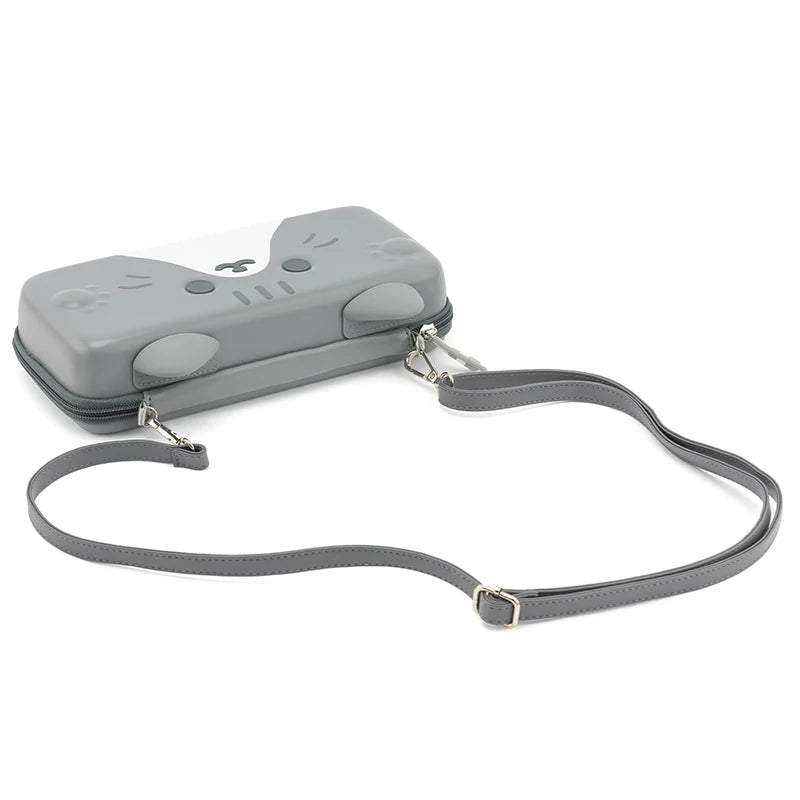 Gray electronic device with a strap on a white background