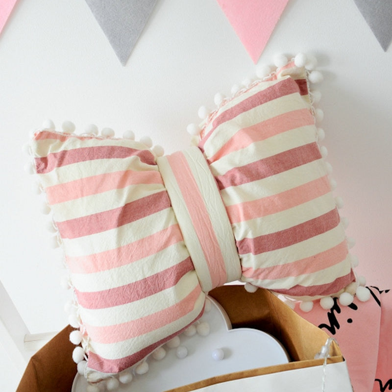 Kawaii Pink Striped Bow Shaped Decorative Pillow