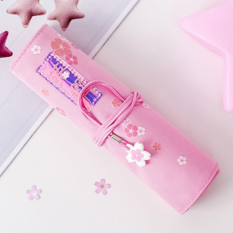 Kawaii Pink Sakura Roll Up Pencil Bag