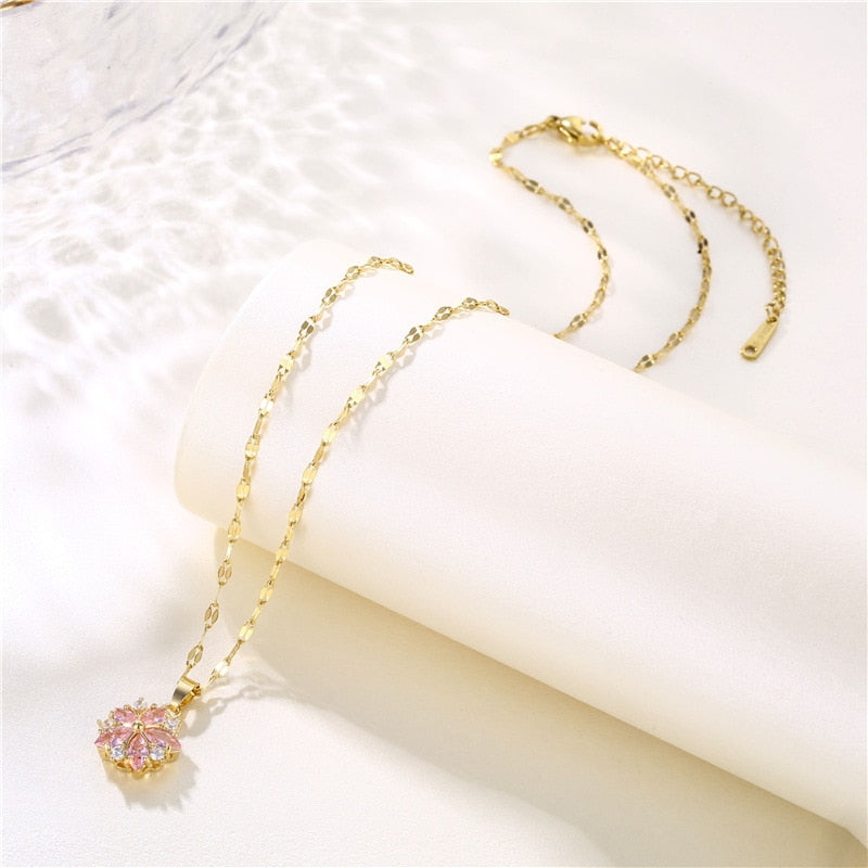 Kawaii Crystal Cherry Blossom Pendant Necklace