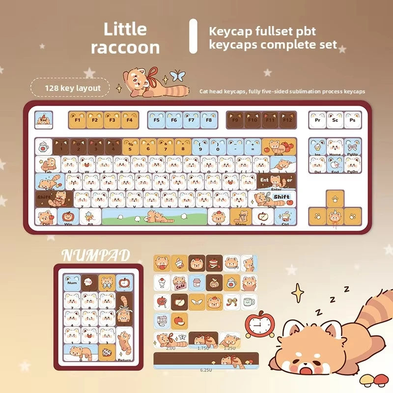 Keyboard keycap set with red panda design on a brown background