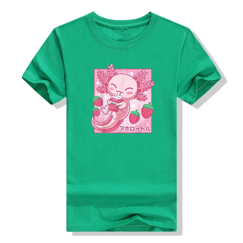 Kawaii Axolotl Strawberry Milk T-Shirt
