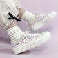 Kawaii Bunny Gingham Shoes shown on a woman