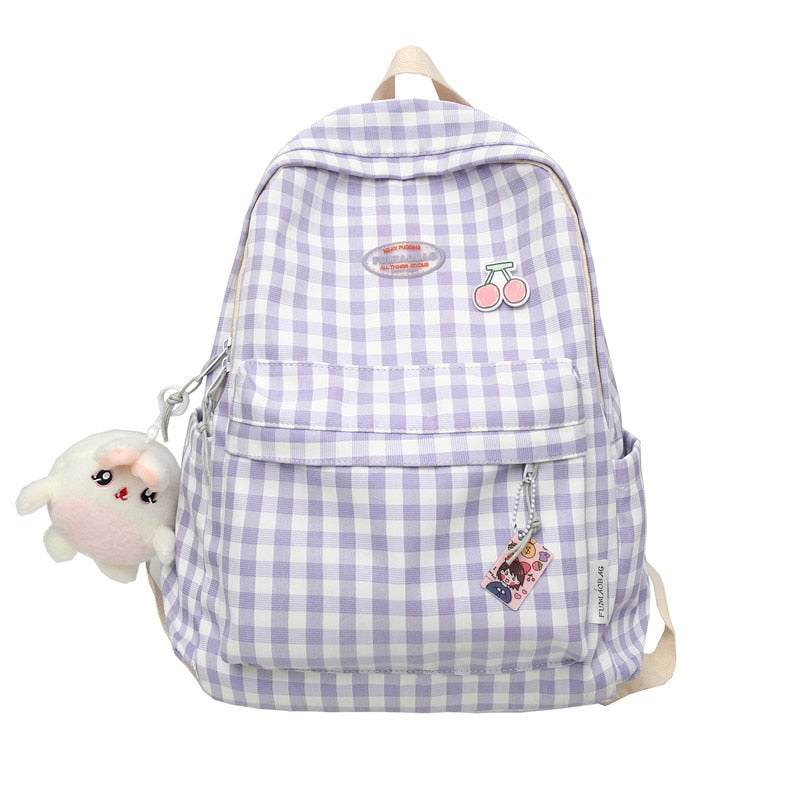 Kawaii Purple Cherry Plaid Backpack