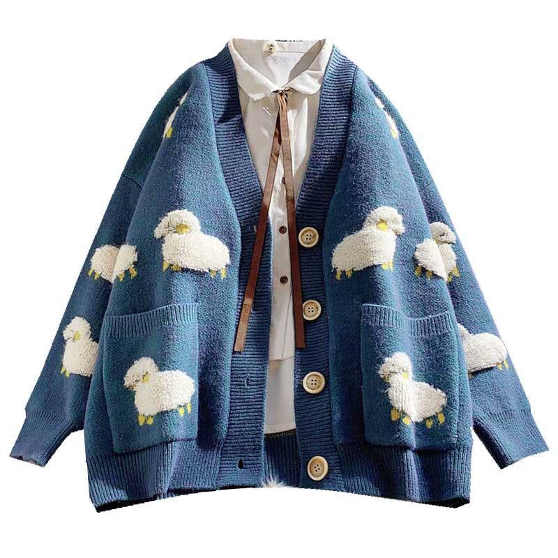Kawaii Casual Sheep Cardigan Sweater in Blue