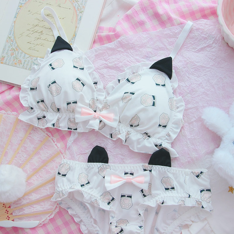Kawaii Cat Paw & Ears Underwear Set in Black and White