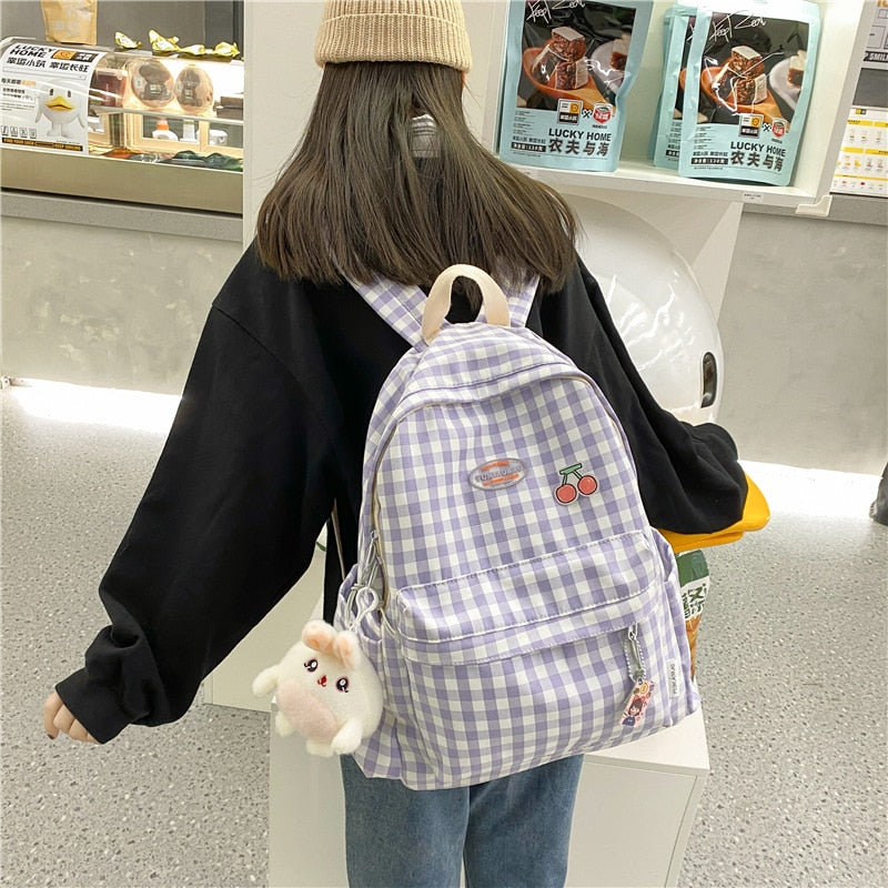 Kawaii Purple Cherry Plaid Backpack