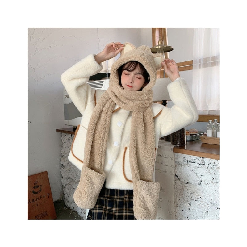 Kawaii Plush Cat Hooded Scarf