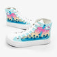 A pair of high-top canvas sneakers with a colorful boba tea shop illustration on the sides, featuring a pastel gradient background and blue boba bubbles, shown on a light gray studio background.