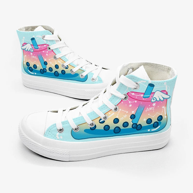 A pair of high-top canvas sneakers with a colorful boba tea shop illustration on the sides, featuring a pastel gradient background and blue boba bubbles, shown on a light gray studio background.