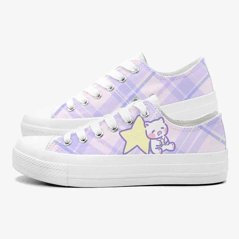 Pair of purple plaid sneakers with a kawaii cat and star design on a white background