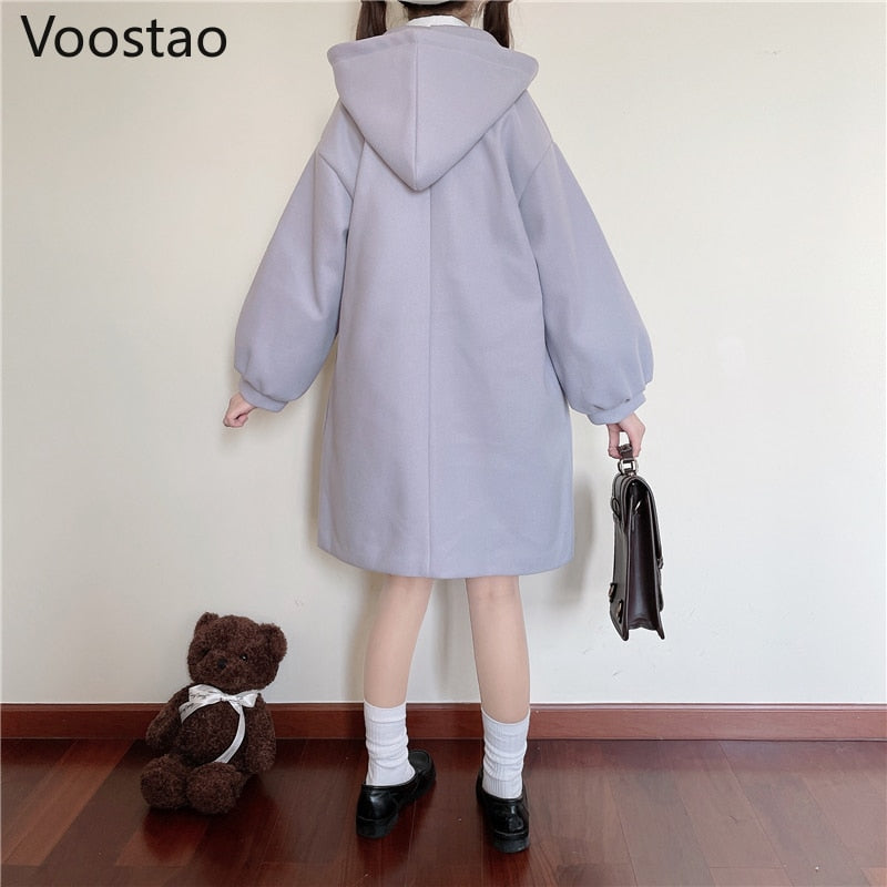 Back View of Kawaii Purple Hooded Winter Coat