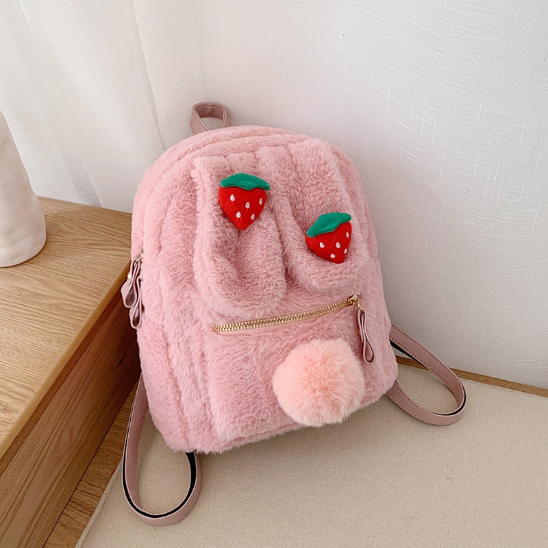 Kawaii Pink Plush Strawberry Bunny Backpack