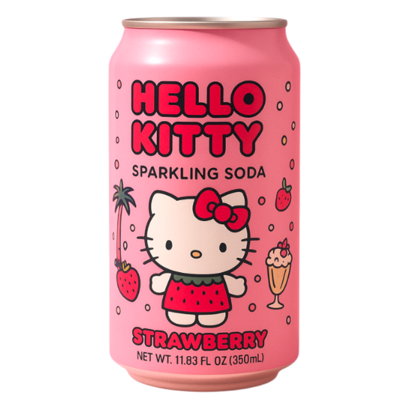 Hello Kitty Sparkling Soda – Strawberry, close up of the cans super cute design!