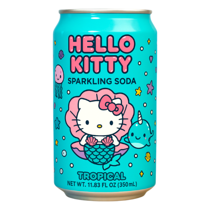Hello Kitty Sparkling Soda - Tropical close up display of the can it comes in. Super Cute!