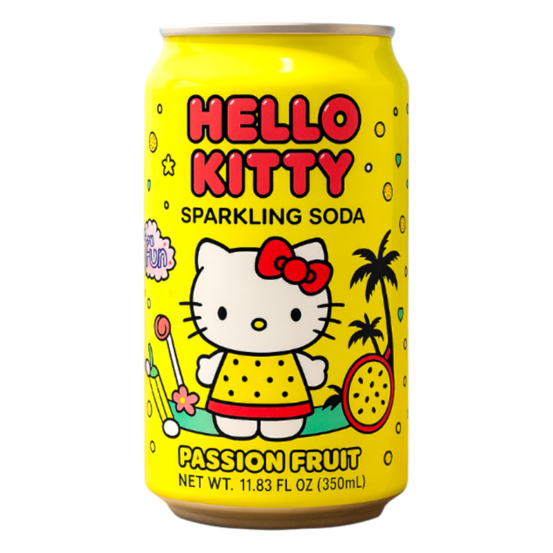 Hello Kitty Sparkling Soda – Passionfruit, displaying a close up of the design on the can which is suuuper cute
