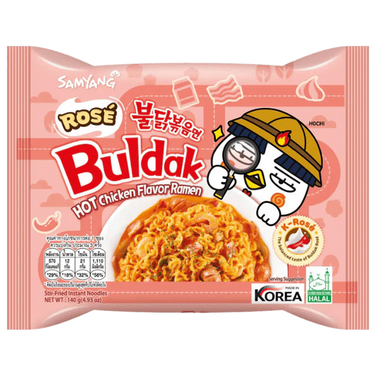 Samyang Rose Buldak Hot Chicken Flavor Ramen packaging with cartoon character on a white background