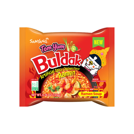 Samyang Buldak Tom Yum Spicy Ramen packaging displayed on a white background