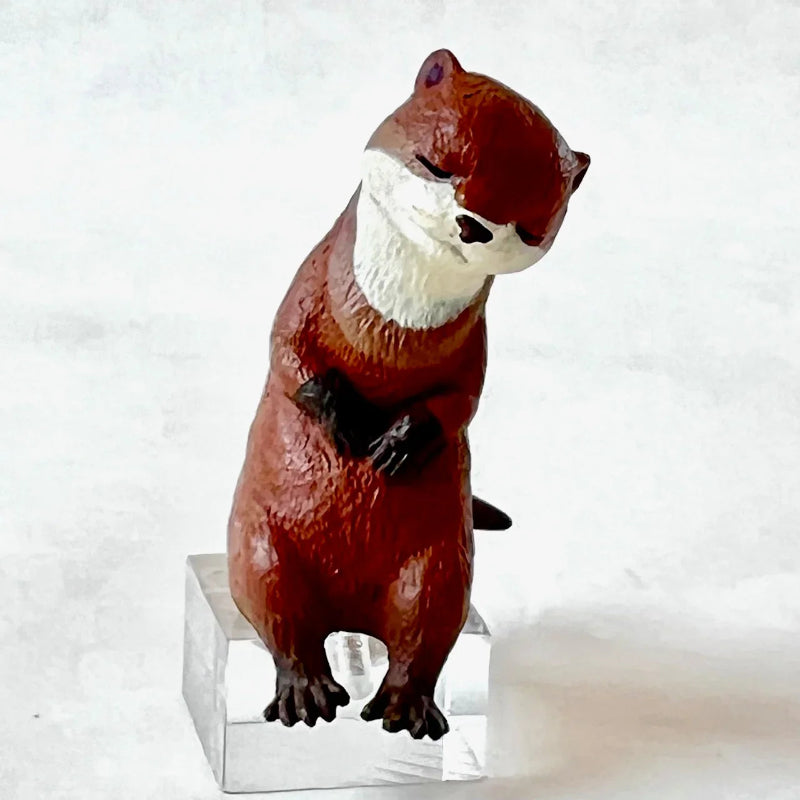 Toy otter figure on a clear stand against a white background