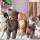 Set of animal figurines including a bear, fox, and other creatures on a white surface.