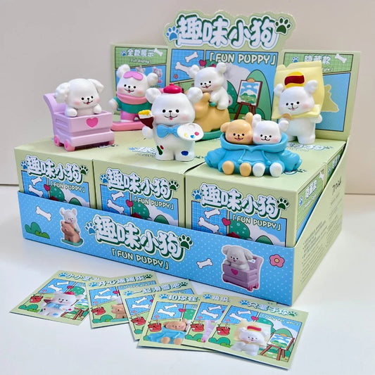 Display of 'Fun Puppy' blind box toys with packaging and stickers on a white background