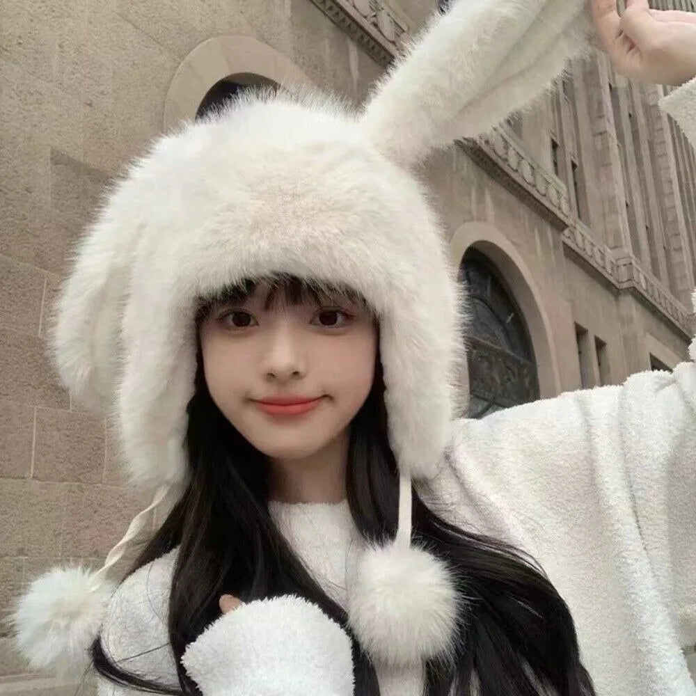 Kawaii Bunny Ears Plush Winter Hat in White