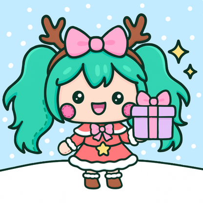 Kawaii character with green hair, pink bow, and reindeer antlers holding a gift against a snowy background.